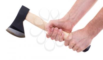 Hand holding a modern axe, isolated on white