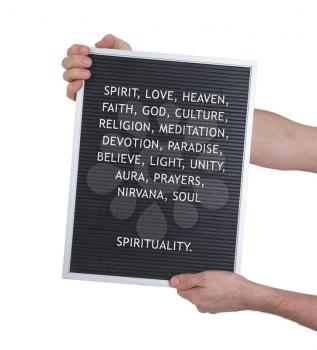 Spirituality concept in plastic letters on very old menu board, vintage look