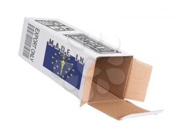 Concept of export, opened paper box - Product of Indiana
