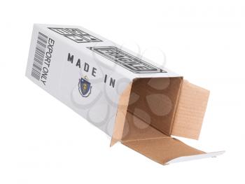 Concept of export, opened paper box - Product of Massachusetts
