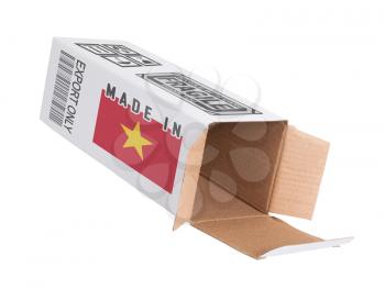 Concept of export, opened paper box - Product of Vietnam
