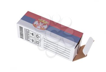 Concept of export, opened paper box - Product of Serbia