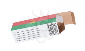 Concept of export, opened paper box - Product of Burkina Faso