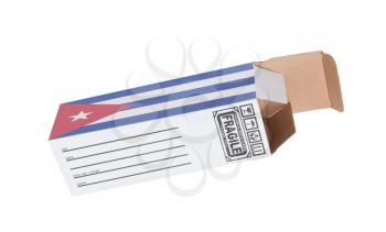 Concept of export, opened paper box - Product of Cuba