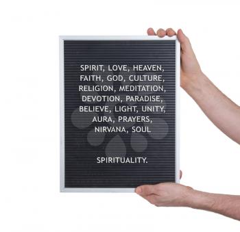 Spirituality concept in plastic letters on very old menu board, vintage look