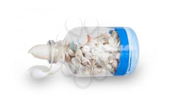 Glass bottle filled with sea shells, isolated on white