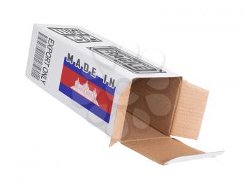 Concept of export, opened paper box - Product of Cambodia