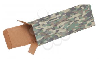 Camouflaged cardboard box on a white background