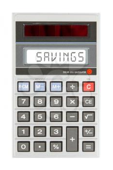 Old calculator showing a text on display - savings