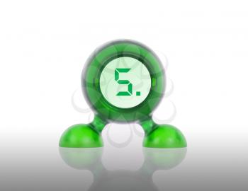 Small green plastic object with a digital display, displaying 5