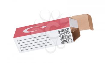 Concept of export, opened paper box - Product of Turkey
