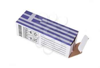 Concept of export, opened paper box - Product of Greece