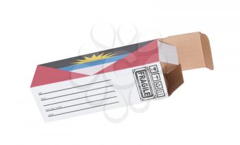 Concept of export, opened paper box - Product of Antigua and Barbuda