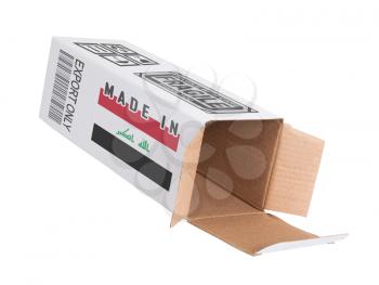 Concept of export, opened paper box - Product of Iraq