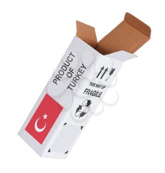 Concept of export, opened paper box - Product of Turkey