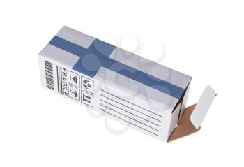 Concept of export, opened paper box - Product of Finland