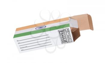 Concept of export, opened paper box - Product of India