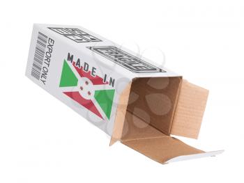 Concept of export, opened paper box - Product of Burundi