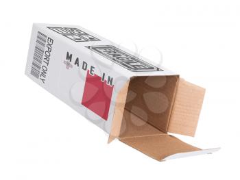 Concept of export, opened paper box - Product of Malta