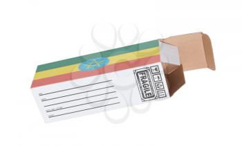Concept of export, opened paper box - Product of Ethiopia