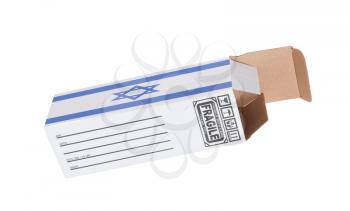 Concept of export, opened paper box - Product of Israel