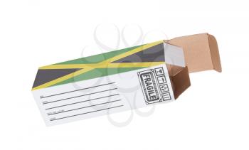 Concept of export, opened paper box - Product of Jamaica