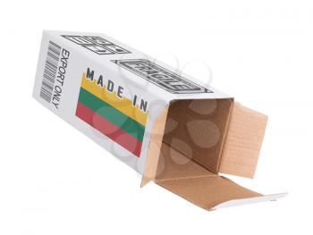Concept of export, opened paper box - Product of Lithuania