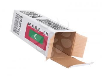 Concept of export, opened paper box - Product of the Maldives