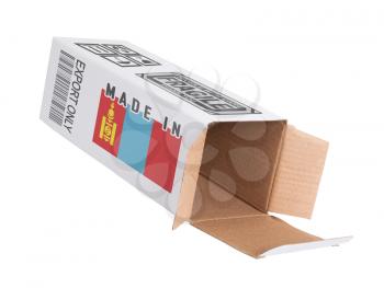 Concept of export, opened paper box - Product of Mongolia