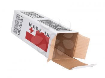 Concept of export, opened paper box - Product of Tonga