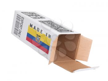 Concept of export, opened paper box - Product of Ecuador