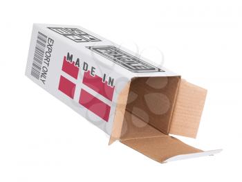 Concept of export, opened paper box - Product of Denmark
