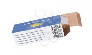 Concept of export, opened paper box - Product of Kosovo