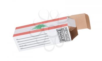 Concept of export, opened paper box - Product of Lebanon