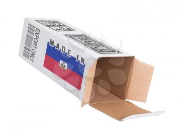 Concept of export, opened paper box - Product of Liechtenstein