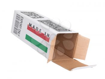 Concept of export, opened paper box - Product of Hungary