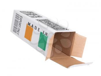 Concept of export, opened paper box - Product of Ivory Coast
