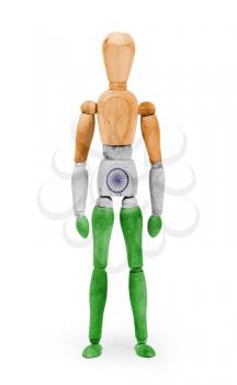 Wood figure mannequin with flag bodypaint on white background - India