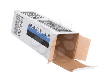 Concept of export, opened paper box - Product of Estonia