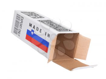 Concept of export, opened paper box - Product of Slovenia