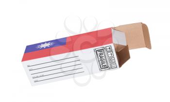 Concept of export, opened paper box - Product of Taiwan