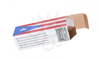 Concept of export, opened paper box - Product of Puerto Rico