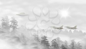 UFO in a landscape of misty forest at sunrise, fighter jets taking off - concept of mystery
