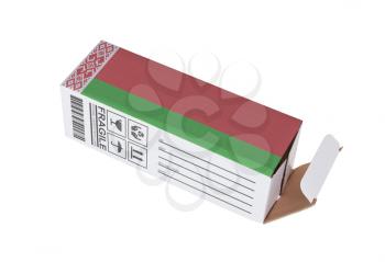 Concept of export, opened paper box - Product of Belarus