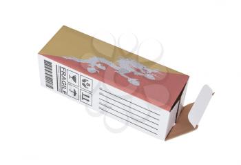 Concept of export, opened paper box - Product of Bhutan