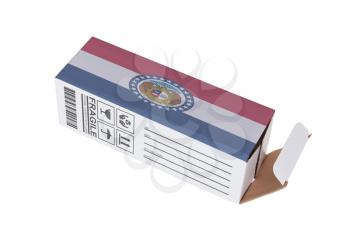 Concept of export, opened paper box - Product of Missouri