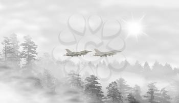 Landscape of misty forest at sunrise, fighter jets taking off - concept of mystery