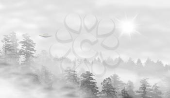 UFO in a landscape of misty forest at sunrise - concept of mystery