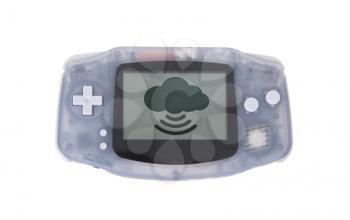 Old dirty portable game console with a small screen - cloud symbol