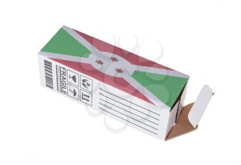 Concept of export, opened paper box - Product of Burundi